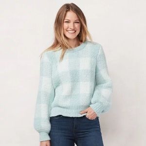 LC Lauren Conrad Super Soft Sherpa Light Blue Gingham Sweater L